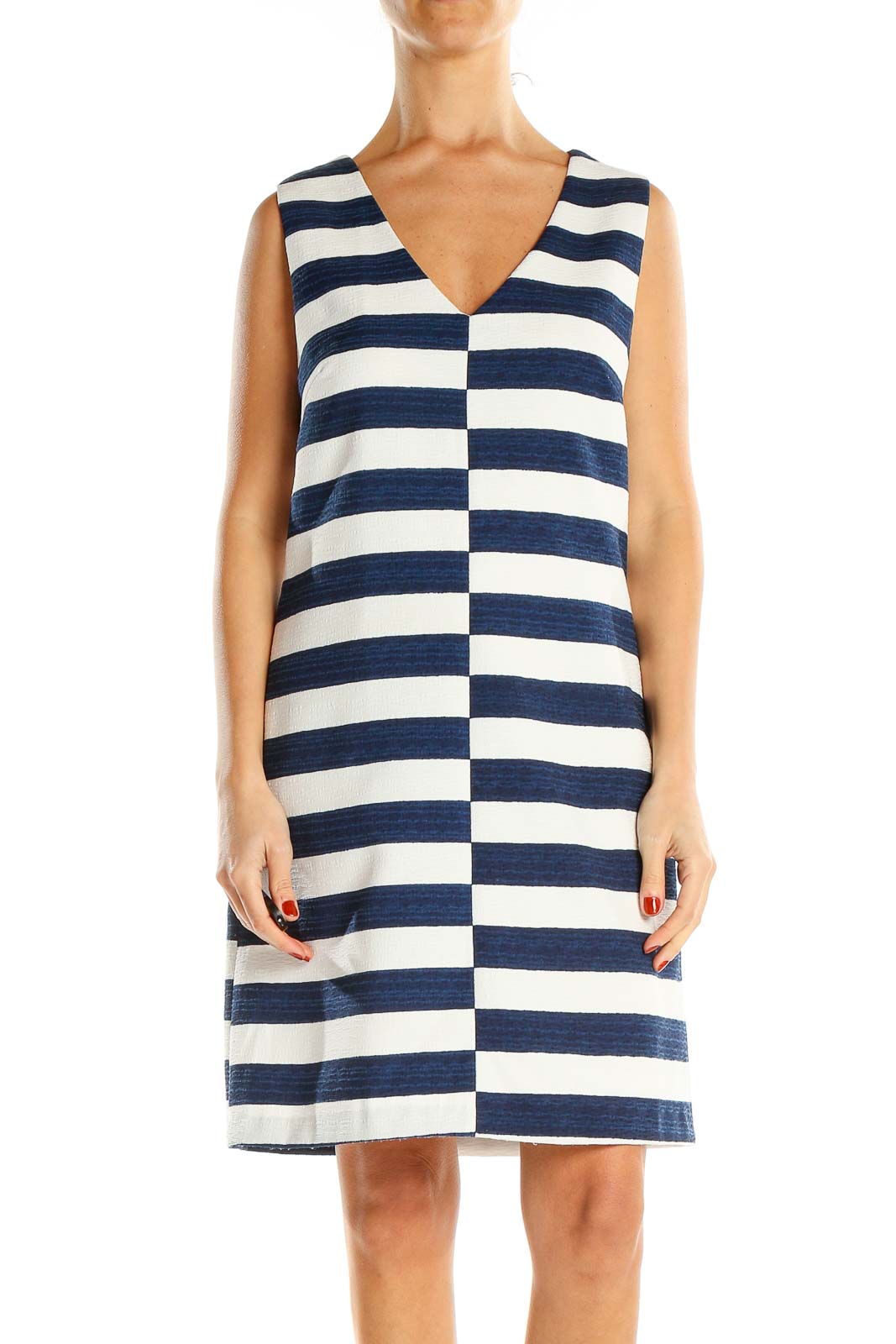 White Blue Striped Day Shift Dress Front