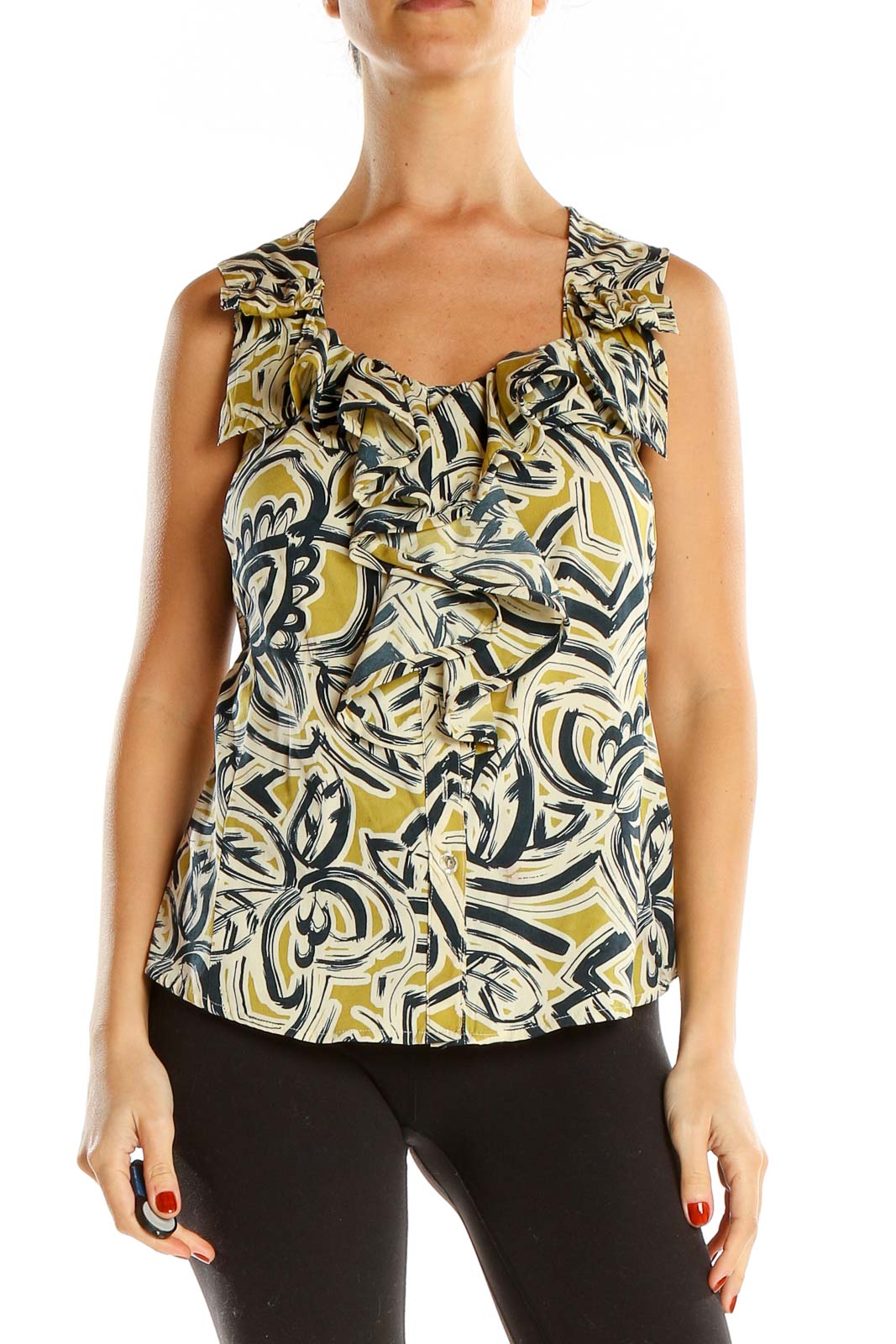 Yellow Printed Retro Blouse Front
