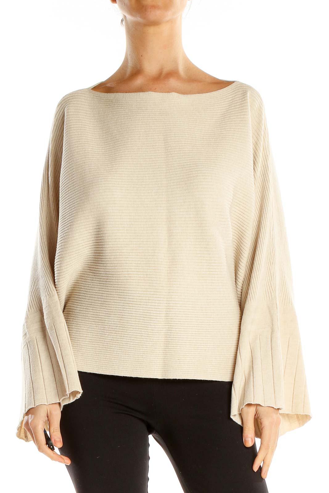 Beige Boat Neck Ribbed All Day Wear Sweater Front