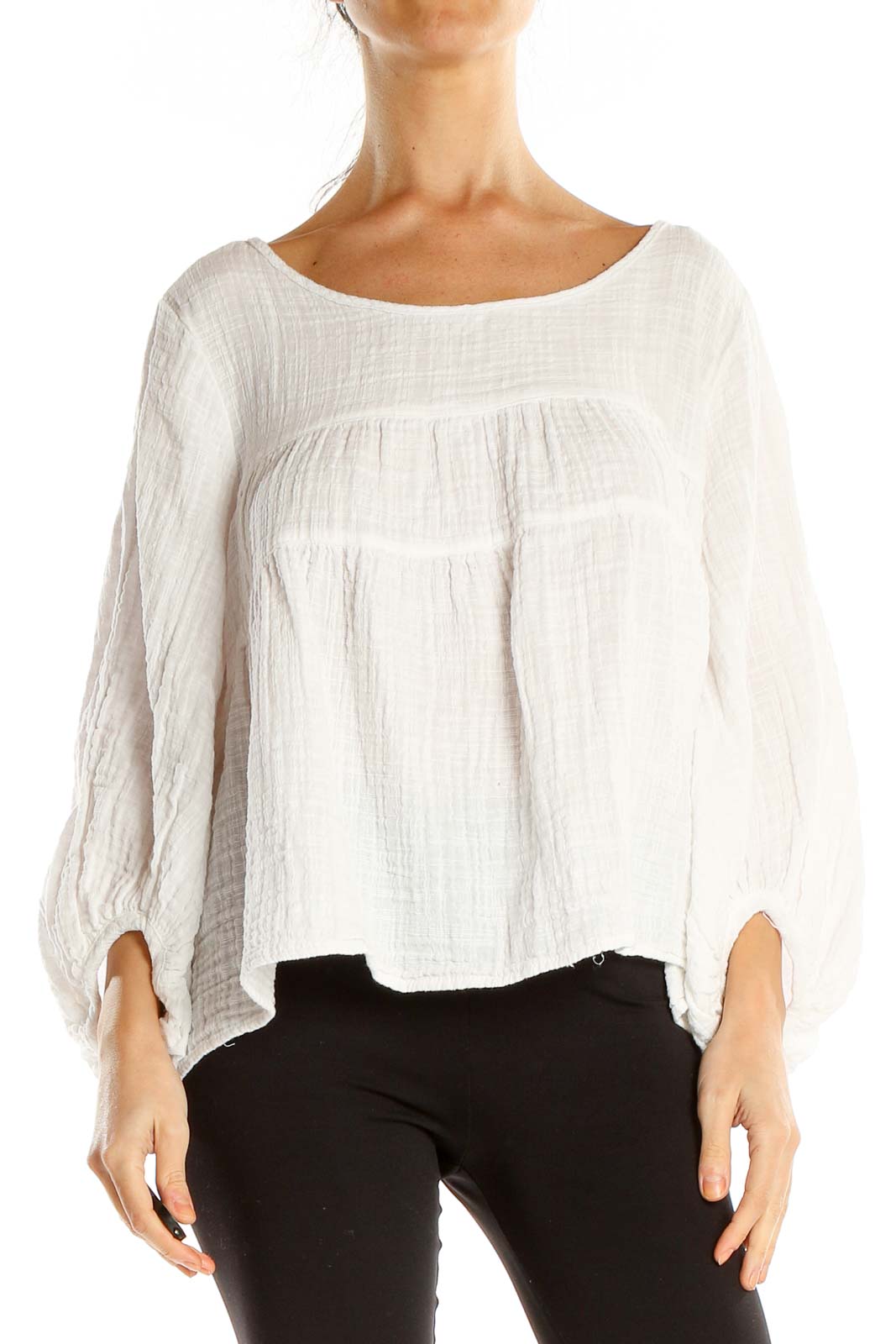 White Textured Chic Blouse Front