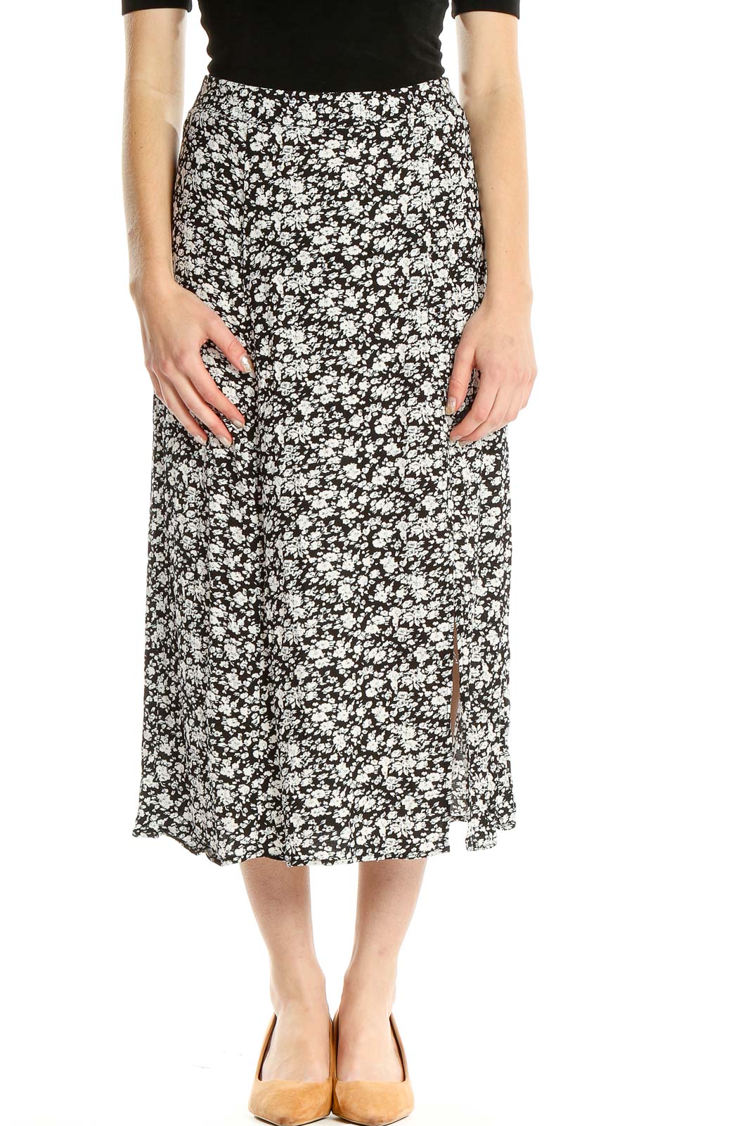 White Floral Print Casual Straight Skirt Front