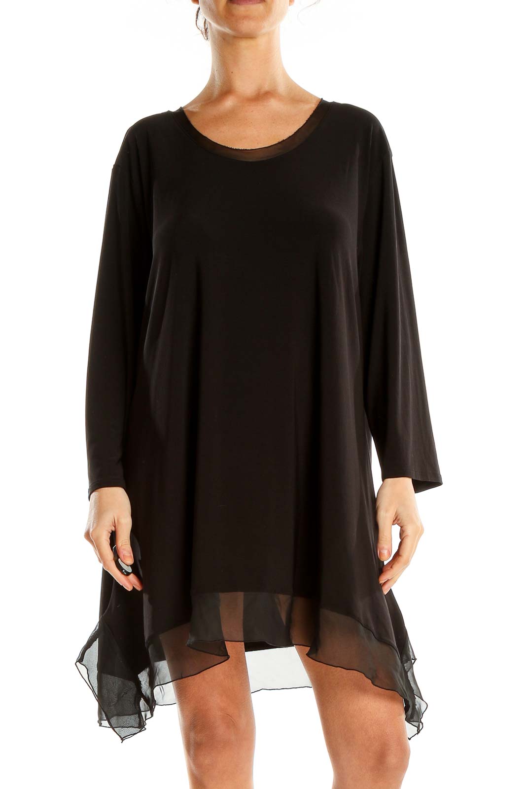Black Shirt Dress With Sheer Ruffle Lining Front