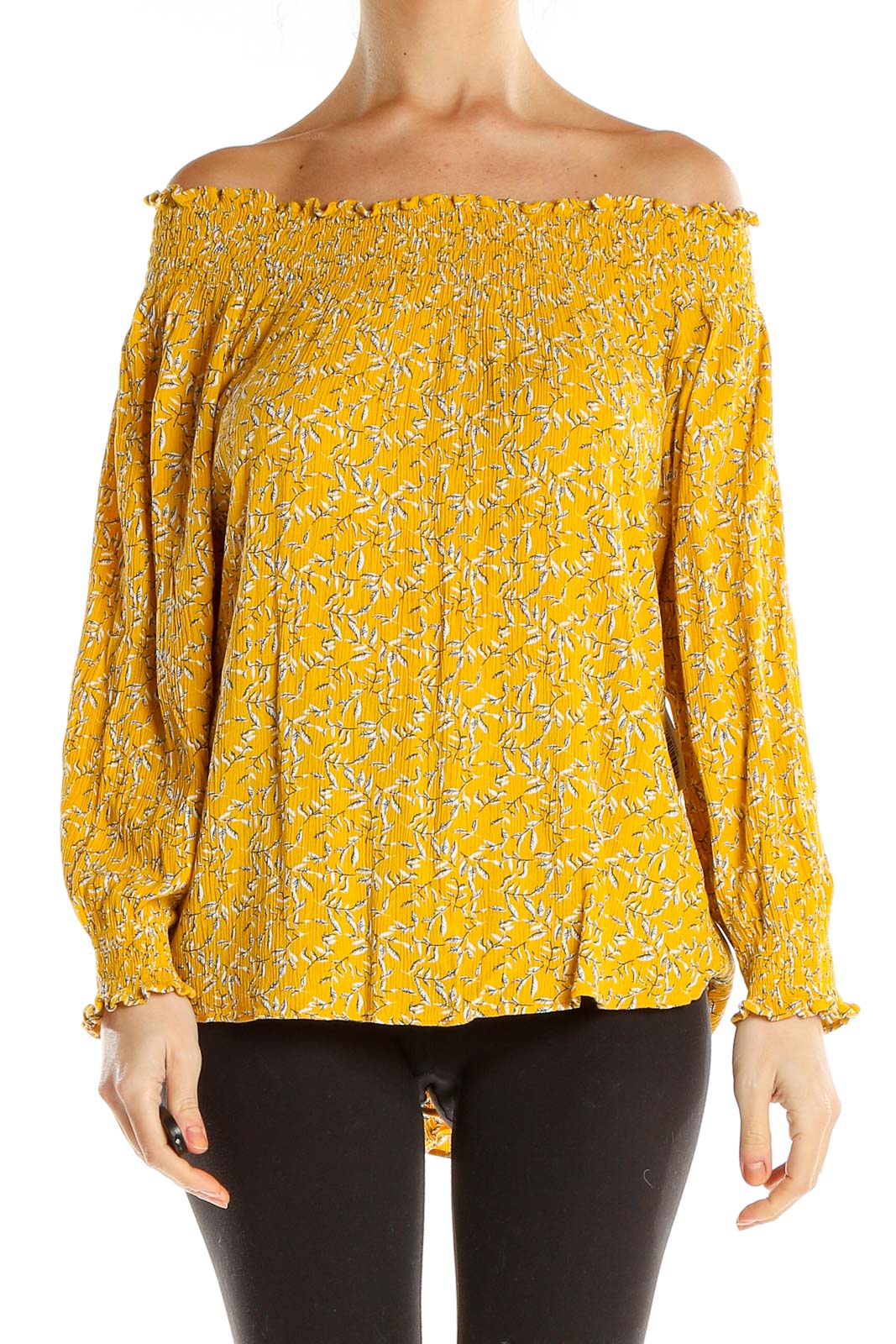 Yellow Printed Off The Shoulder Top Front