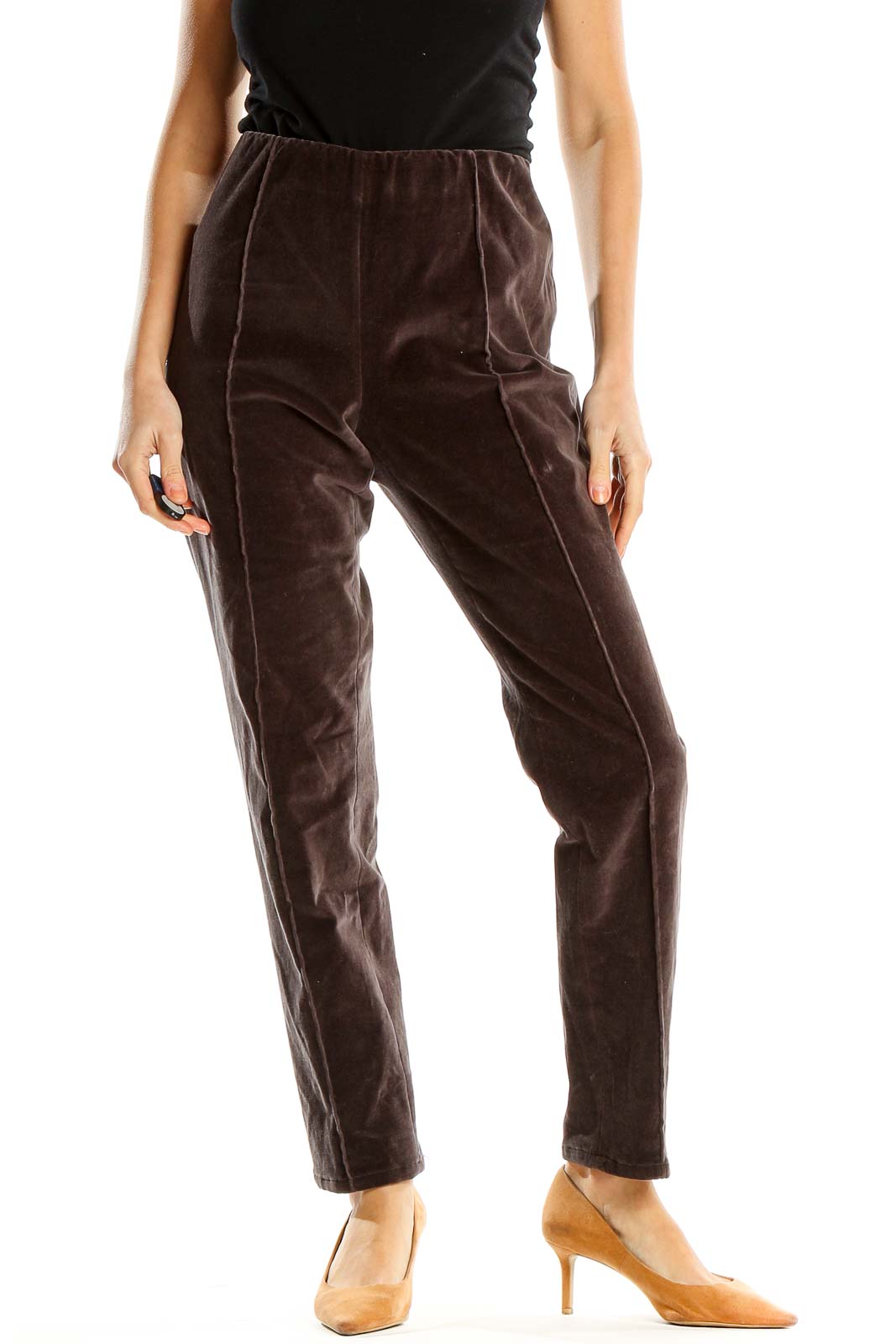 Brown Textured Classic Slim Fit Pants Front