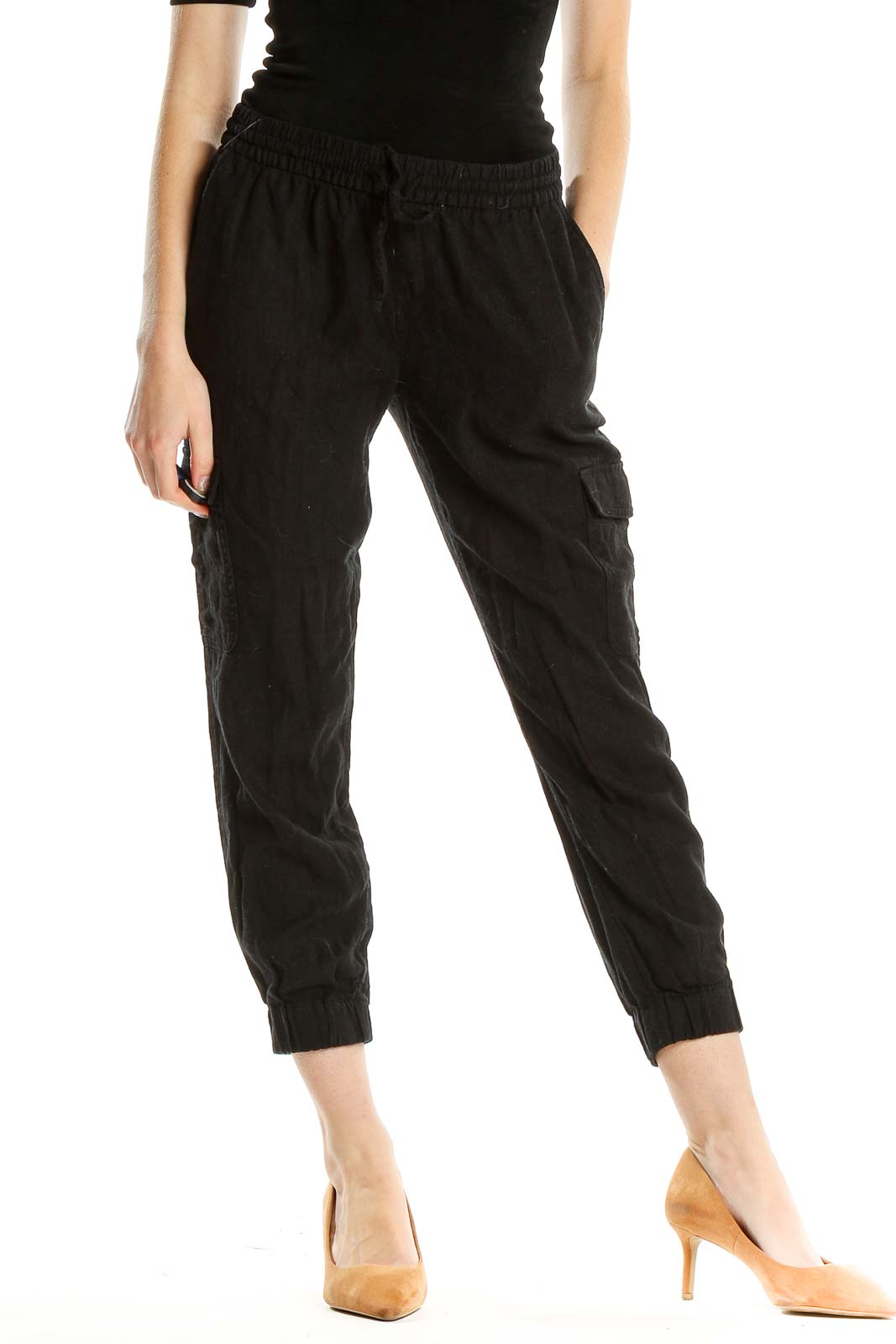 Black Cropped Casual Pants Front