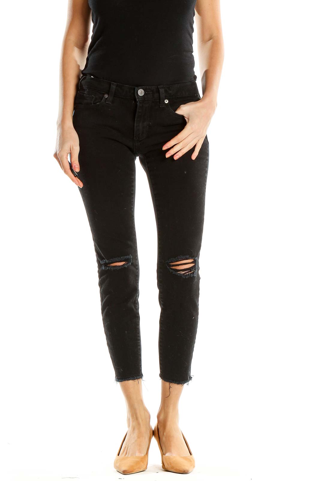 Black Cropped Distressed Skinny Jeans Front
