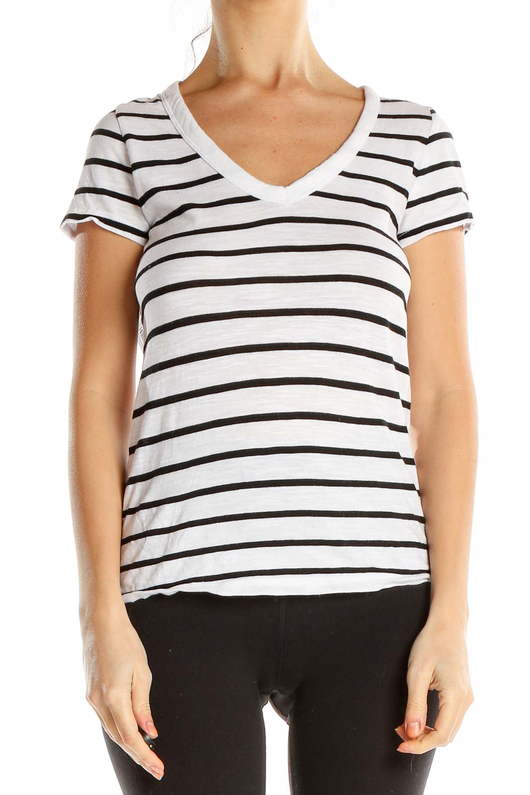 White Black Striped Casual Top Front