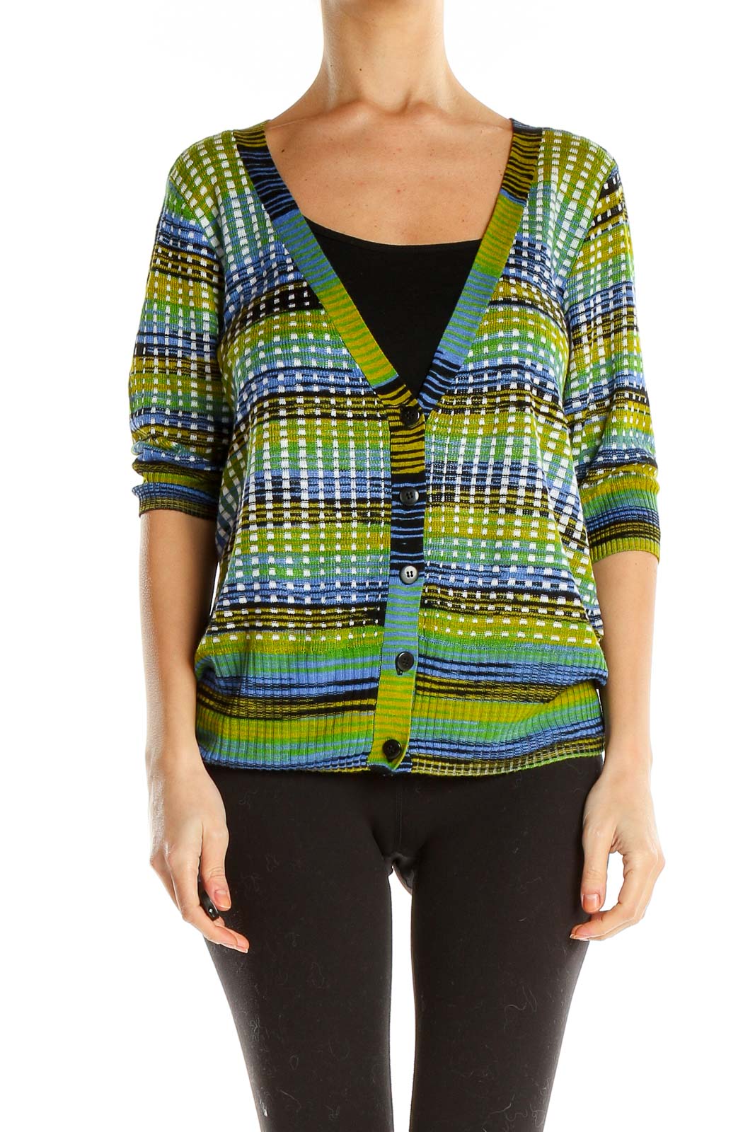 Green Blue Printed Cardigan Front