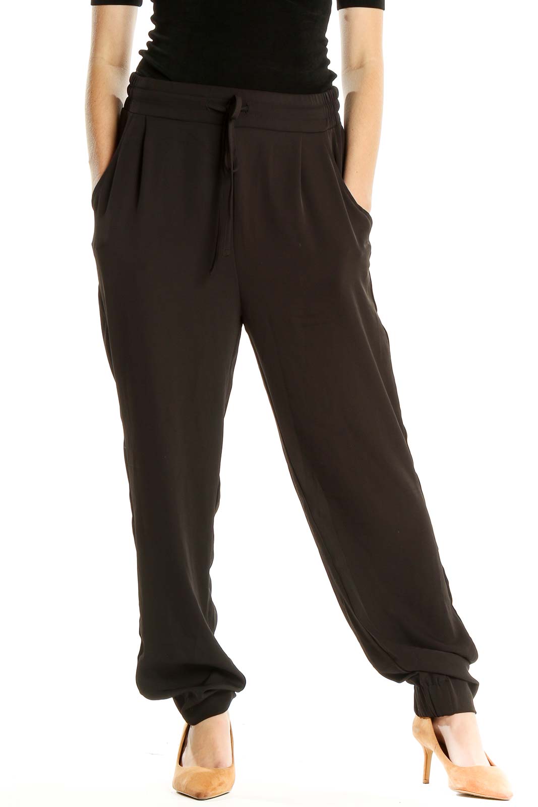 Black Textured Casual Pants Front