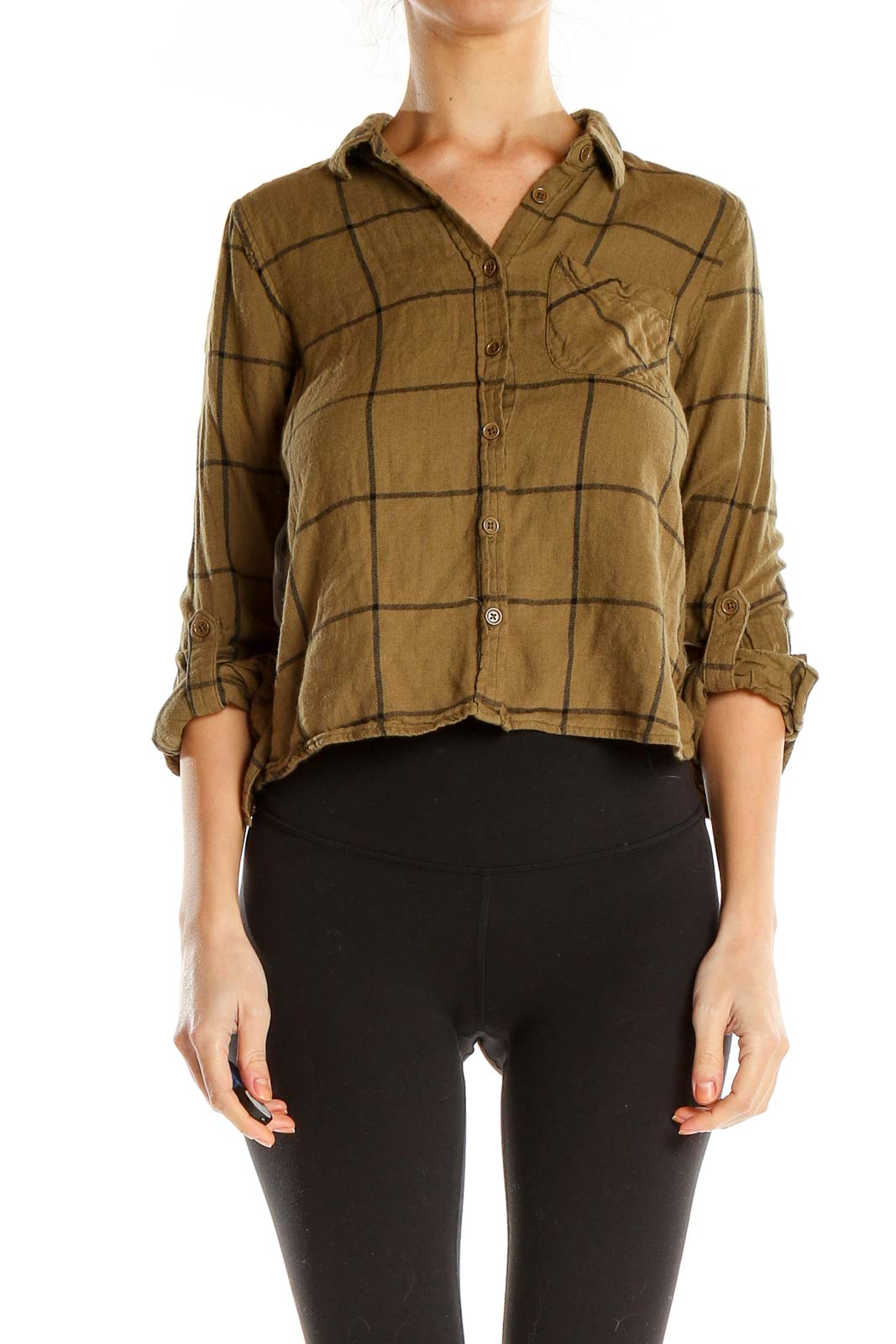 Brown Checkered Casual Top Front