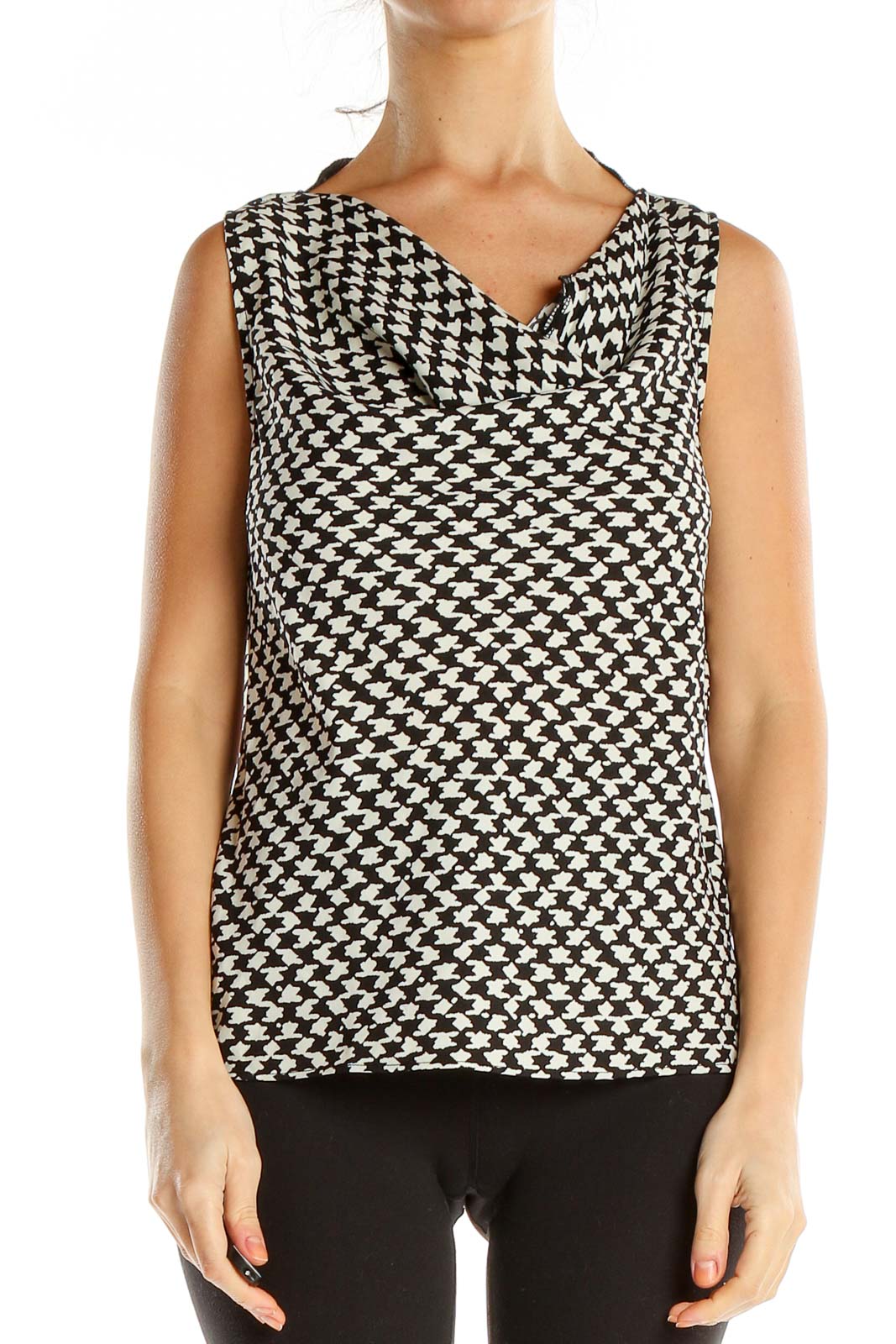 Black White Printed Classic Cowl Neck Blouse Front