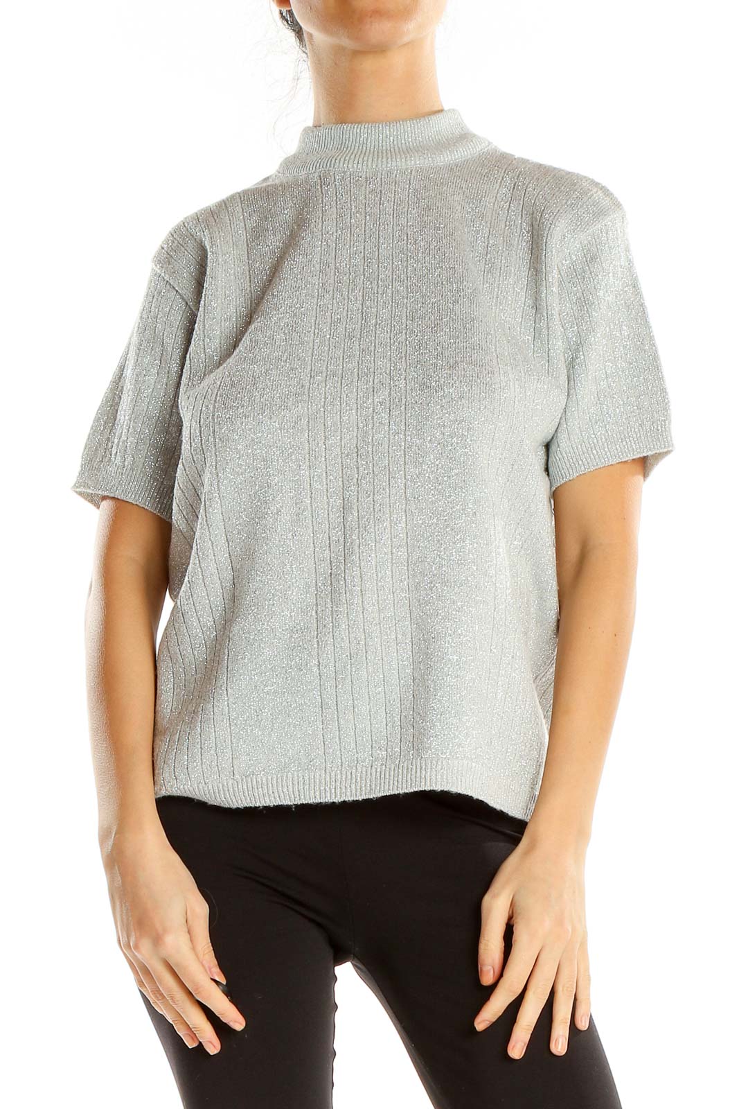 Gray Shimmer Woven Casual Top Front