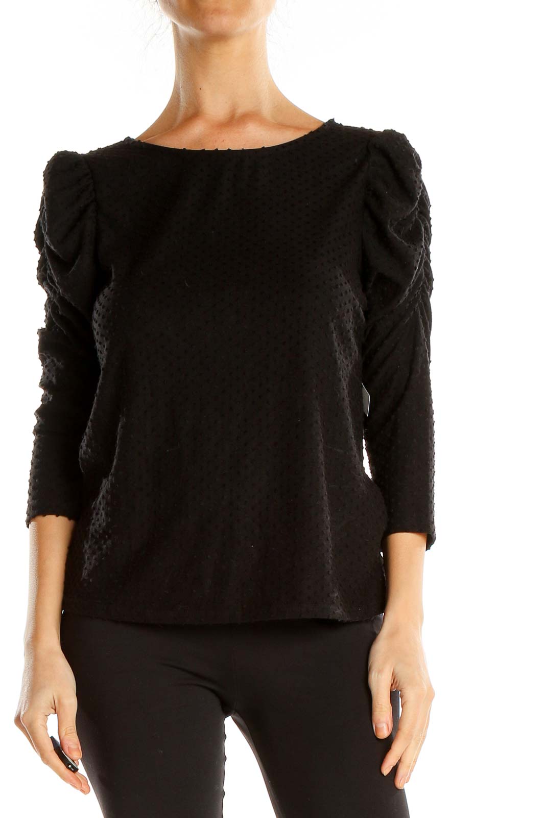 Black Textured Puffy Shoulder Chic Top Front