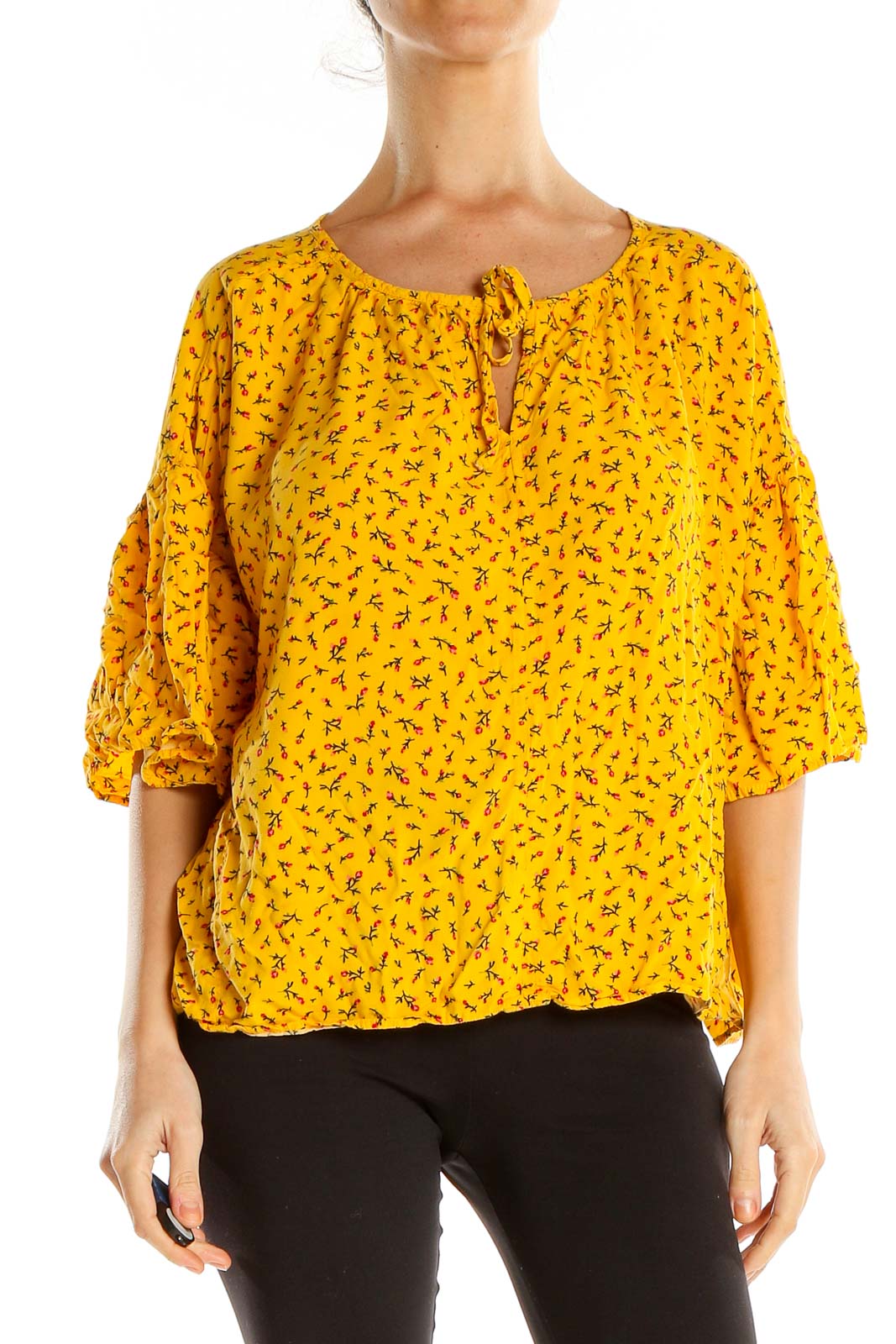 Yellow Floral Print Brunch Top Front