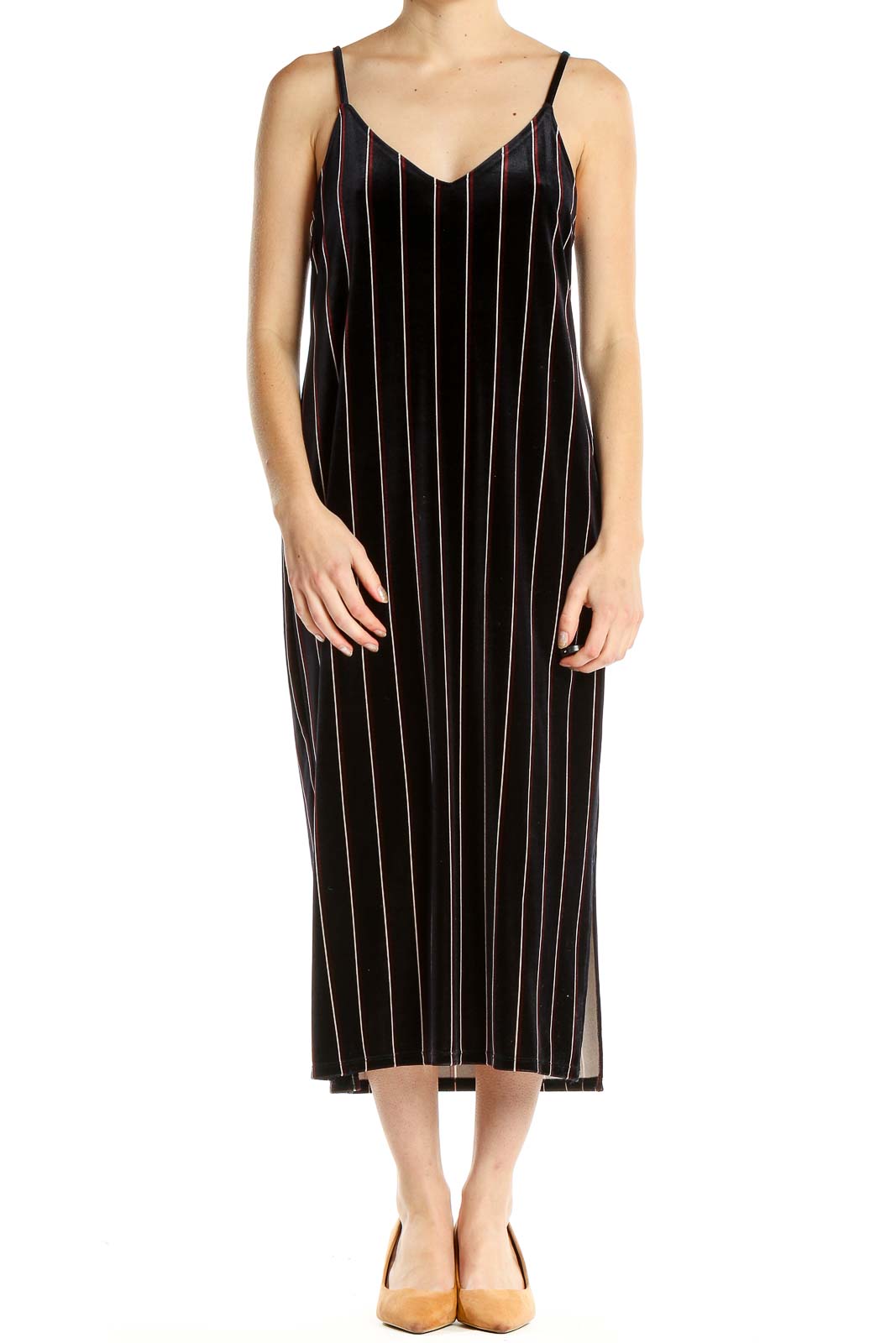 Black Striped Velour Classic Sheath Dress Front