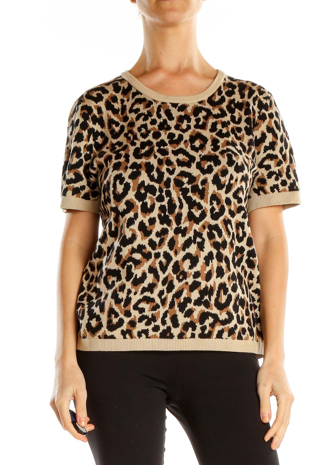 Brown Woven Animal Print Chic Top Front