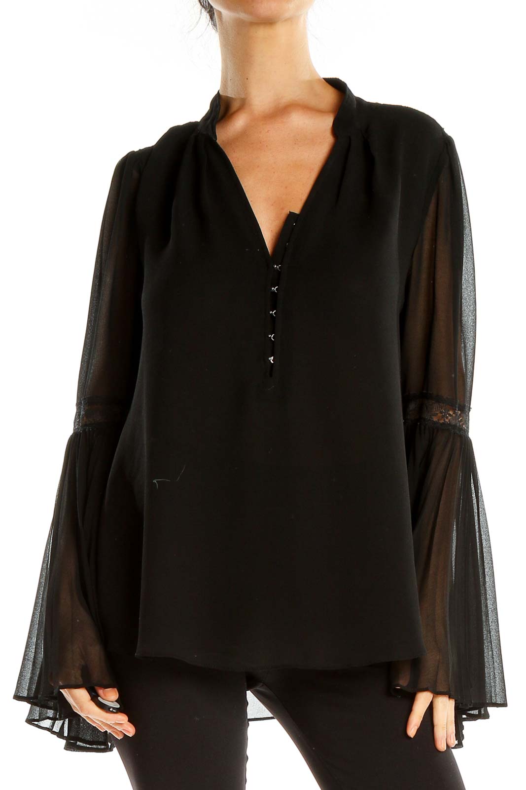 Black Pleated Sleeve Hook and Eye Closure Chic Blouse Front