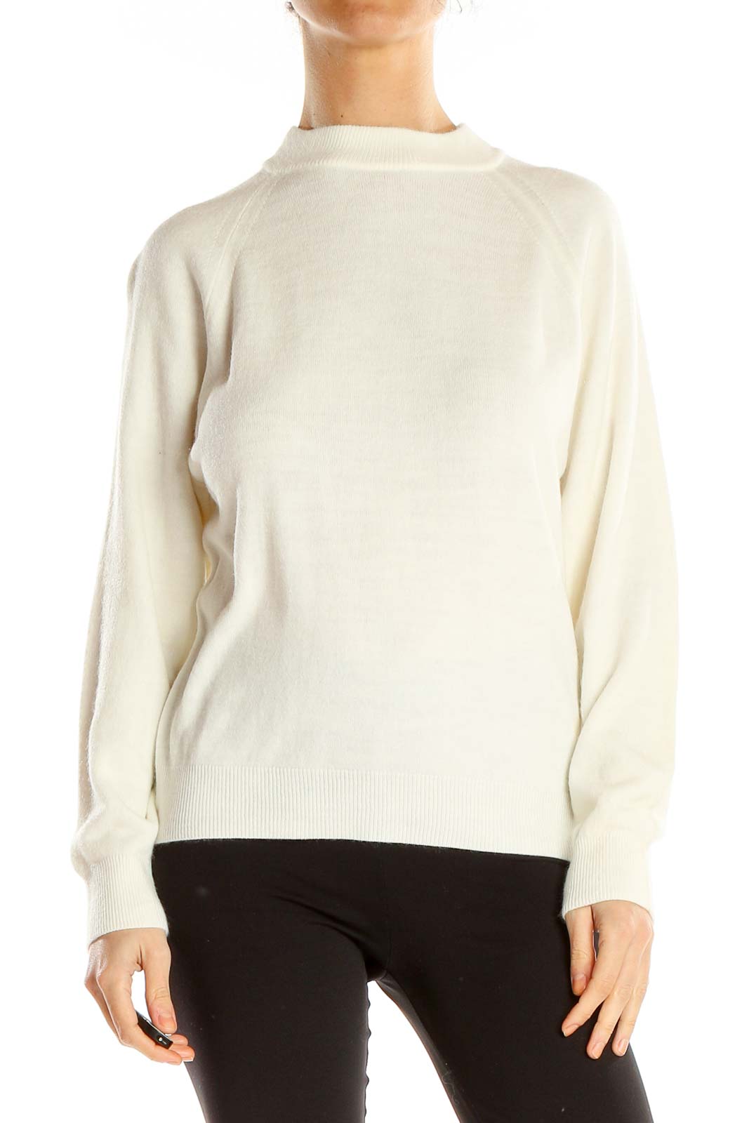 White Mock-Neck Casual Sweater Front