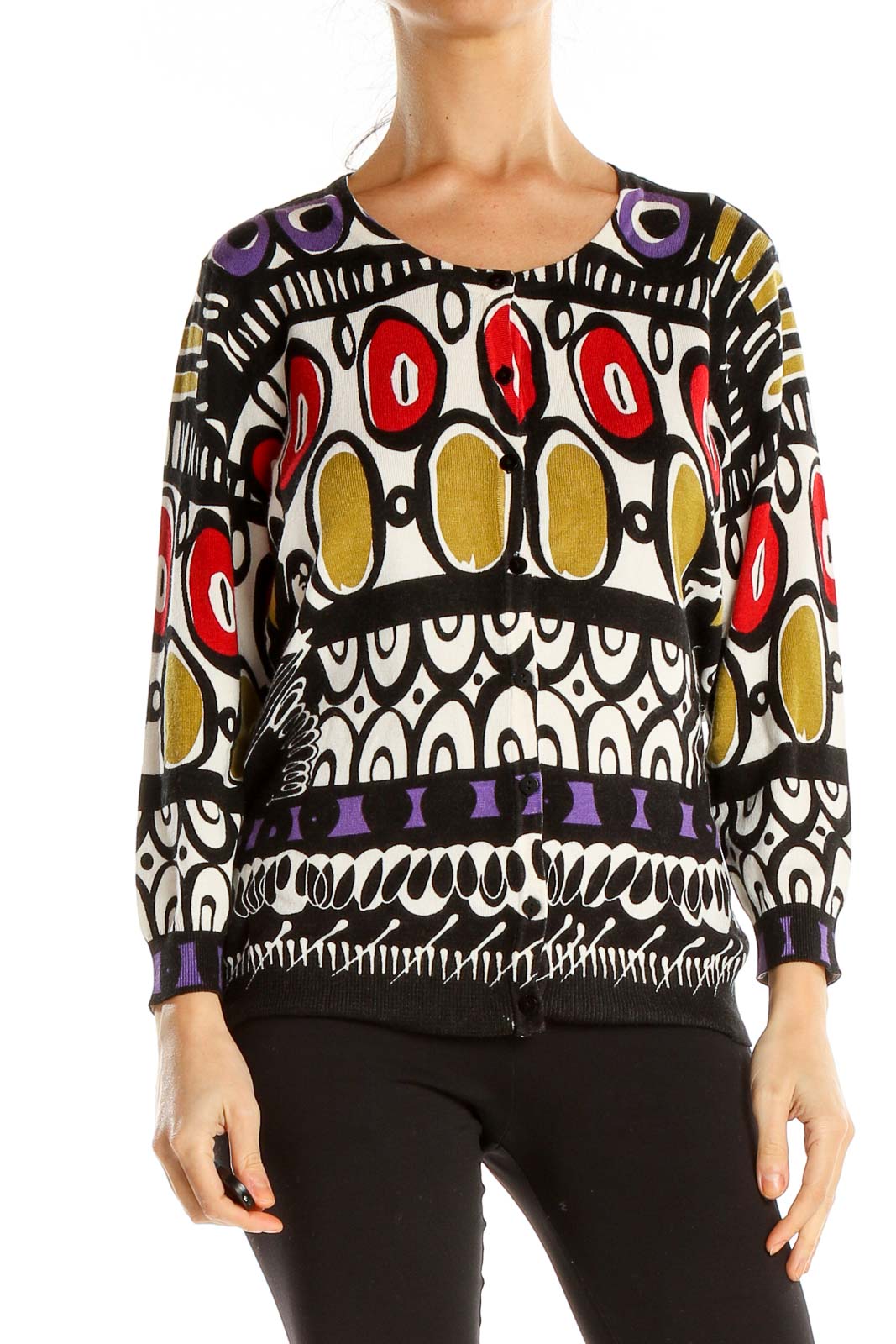 Multicolor Abstract Graphic Print Retro Cardigan Front