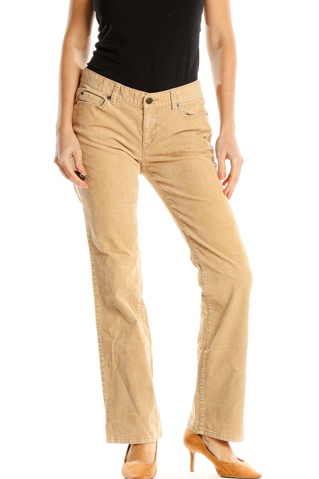 Beige Corduroy Textured Casual Trousers Front
