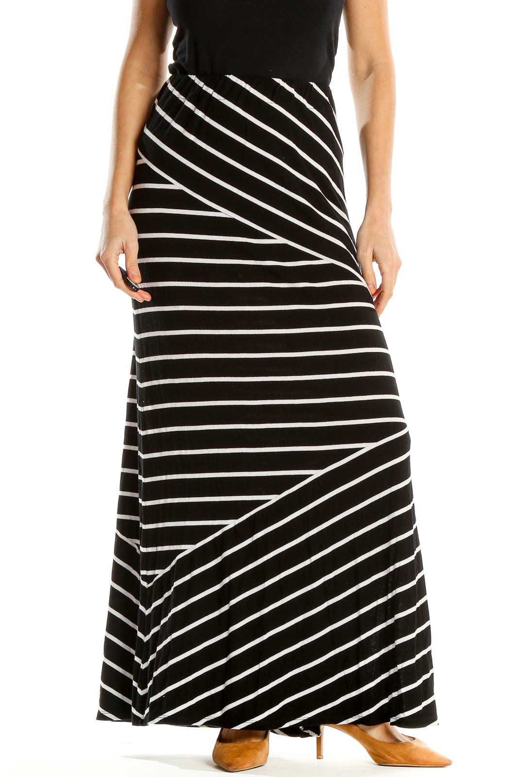 Black White Striped Classic Maxi Skirt Front