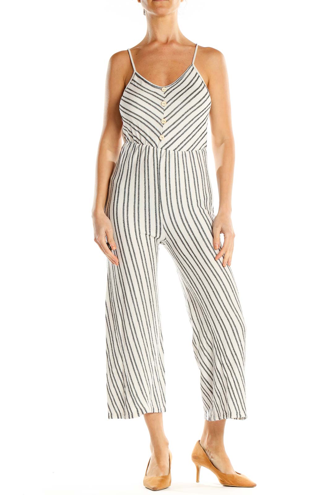 White Gray Striped Jumpsuit Front