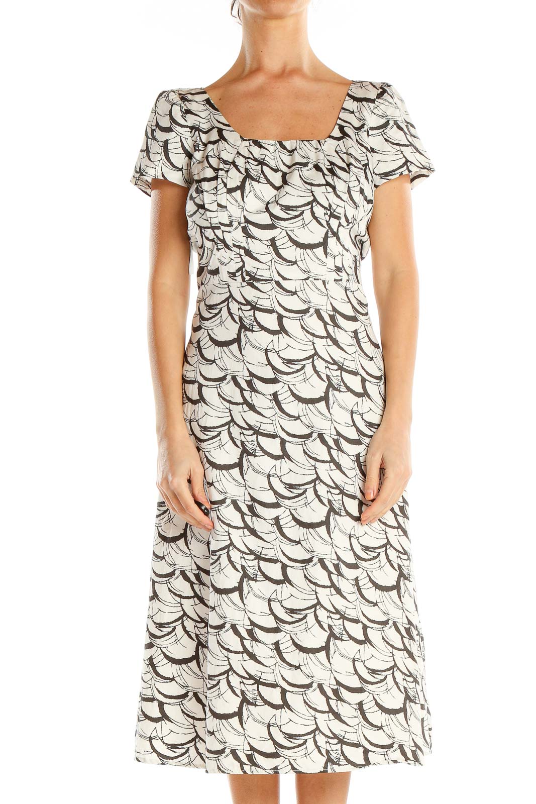 White Gray Printed A-Line Dress Front