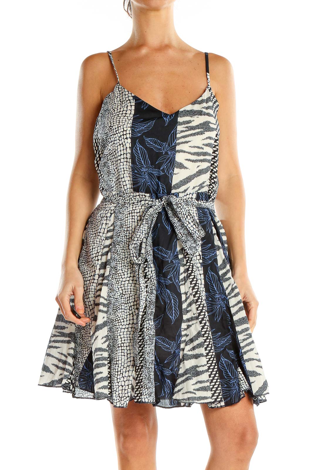 Gray Blue Chic Printed Fit & Flare Dress Front