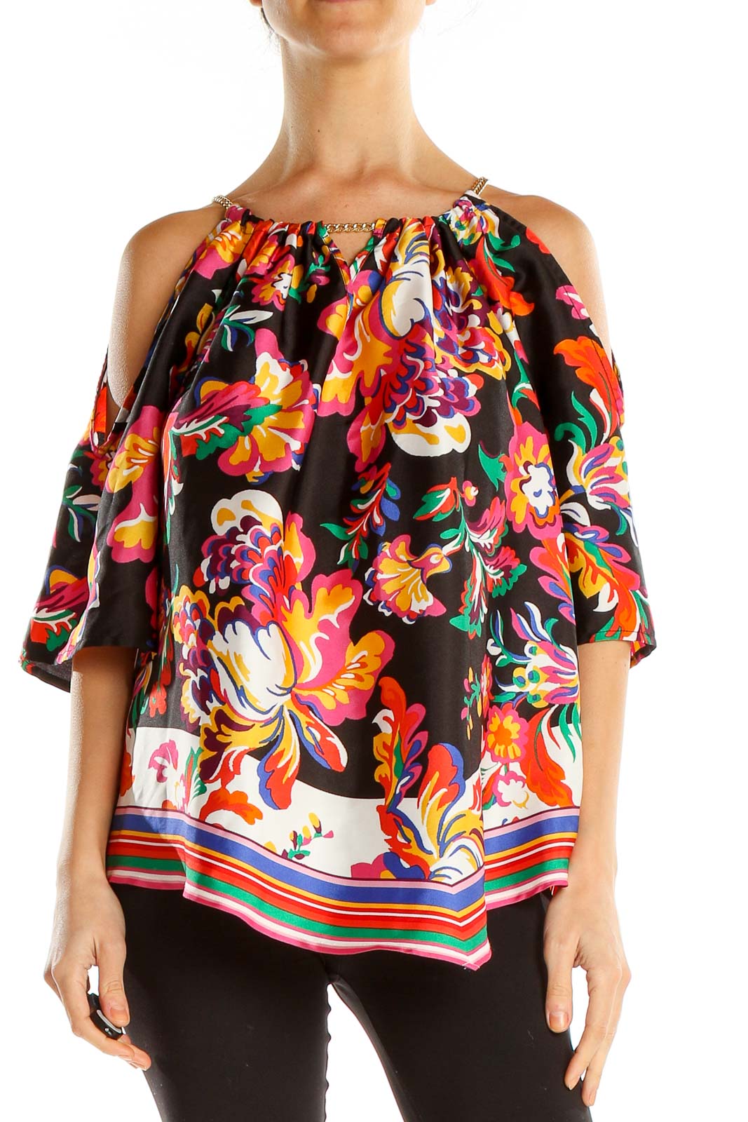 Multicolor Printed Off The Shoulder Chic Blouse Front