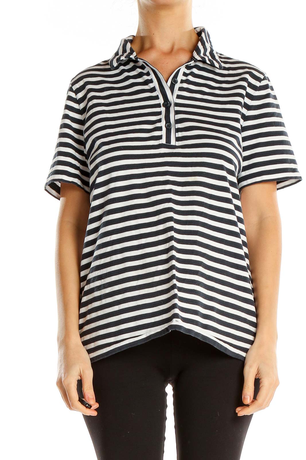 Black White Striped Casual Polo Shirt Front