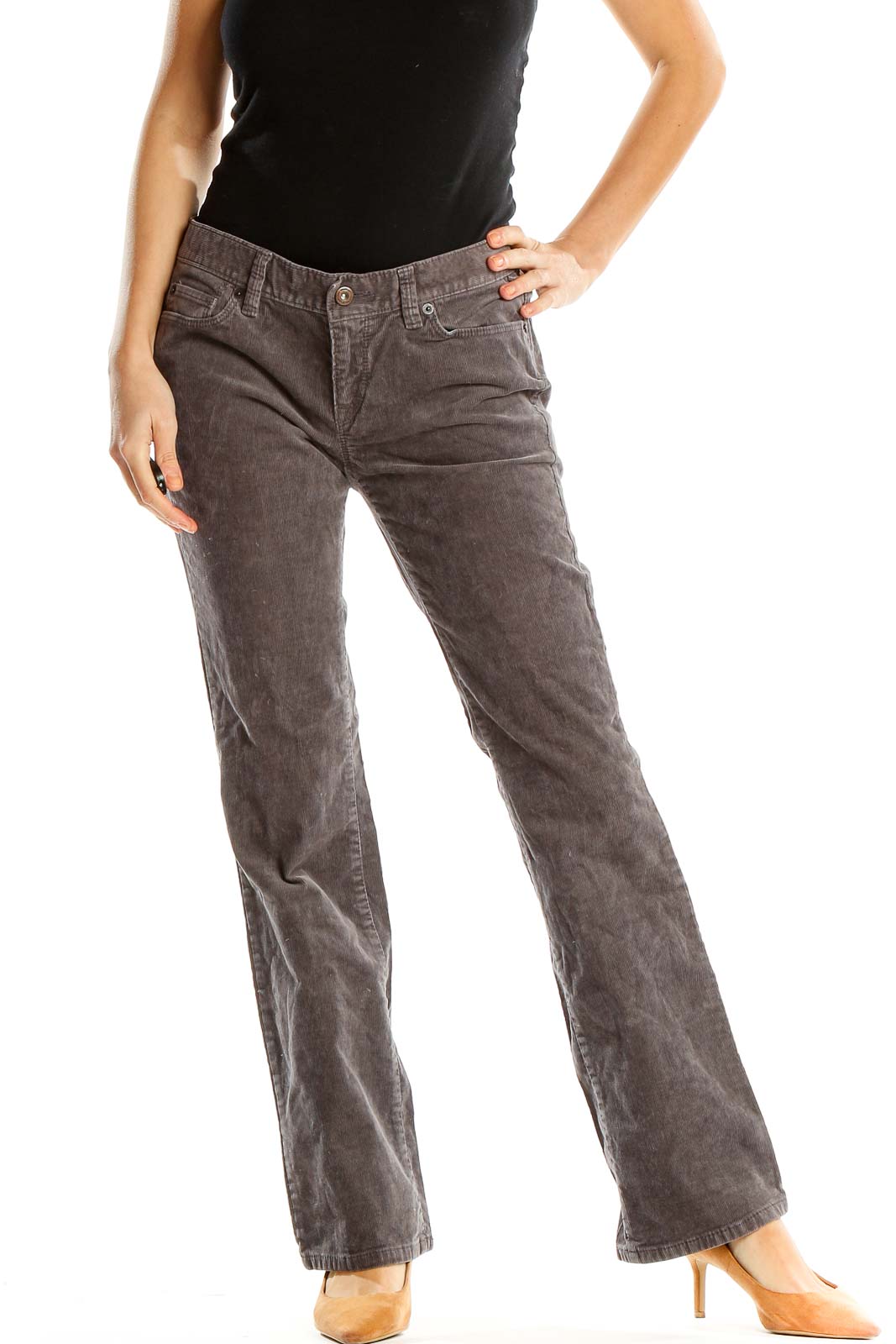 Gray Textured Low Rise Bootcut Jeans Front
