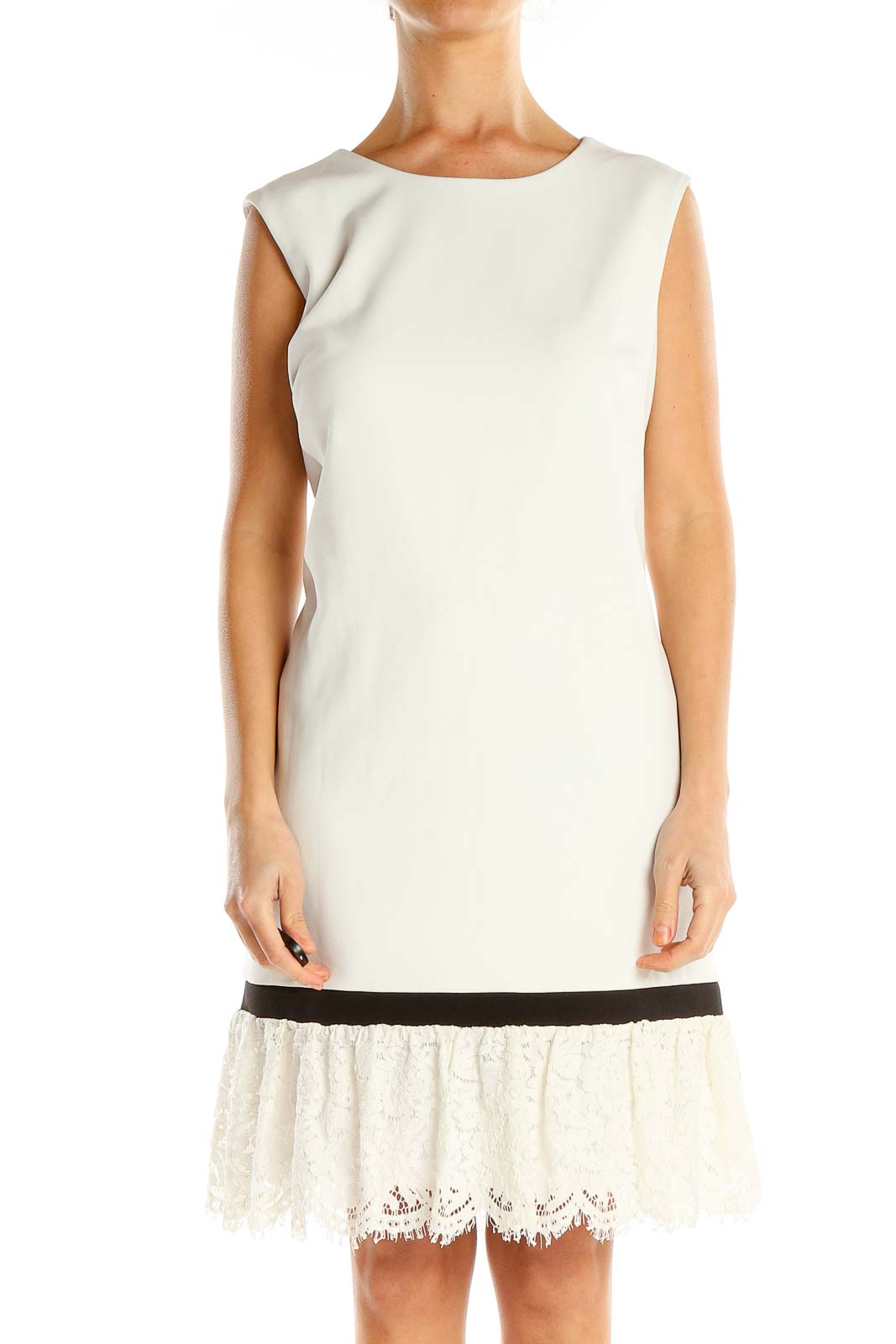 White Classic Sheath Dress With Lace Lining Front