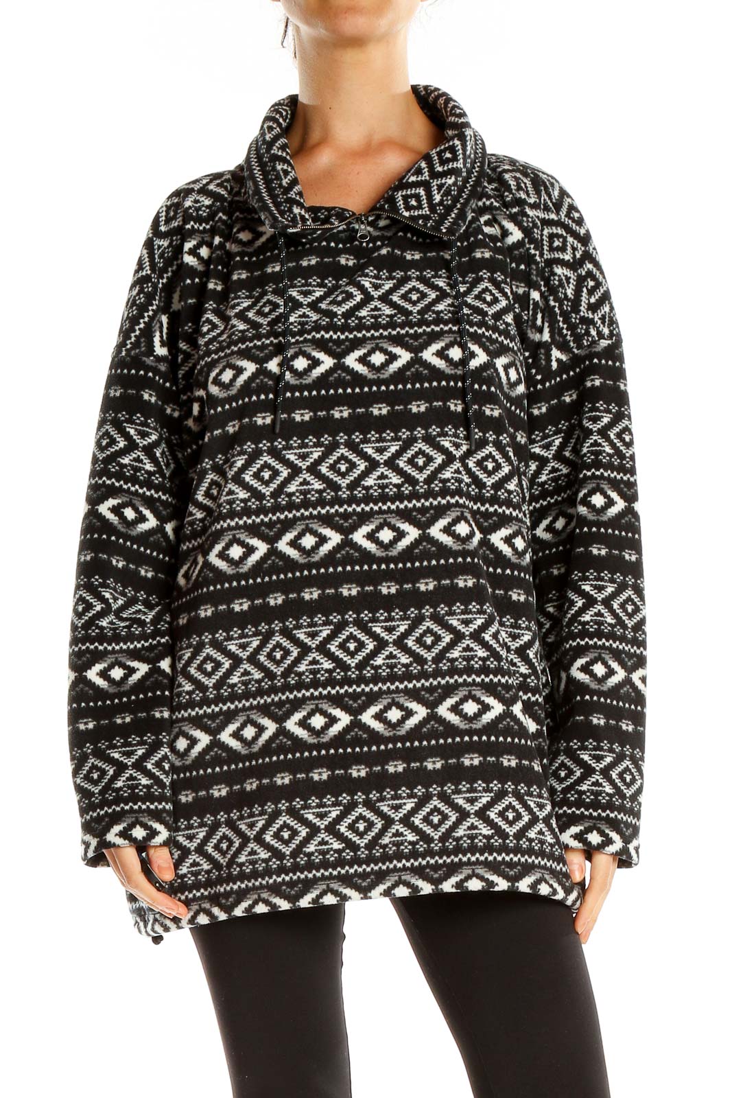 Black White Aztec Quarter Zip Sweater Front