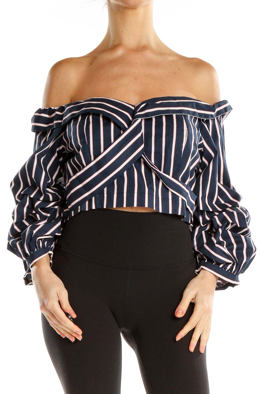 Blue Striped Off The Shoulder Cropped Party Top Front