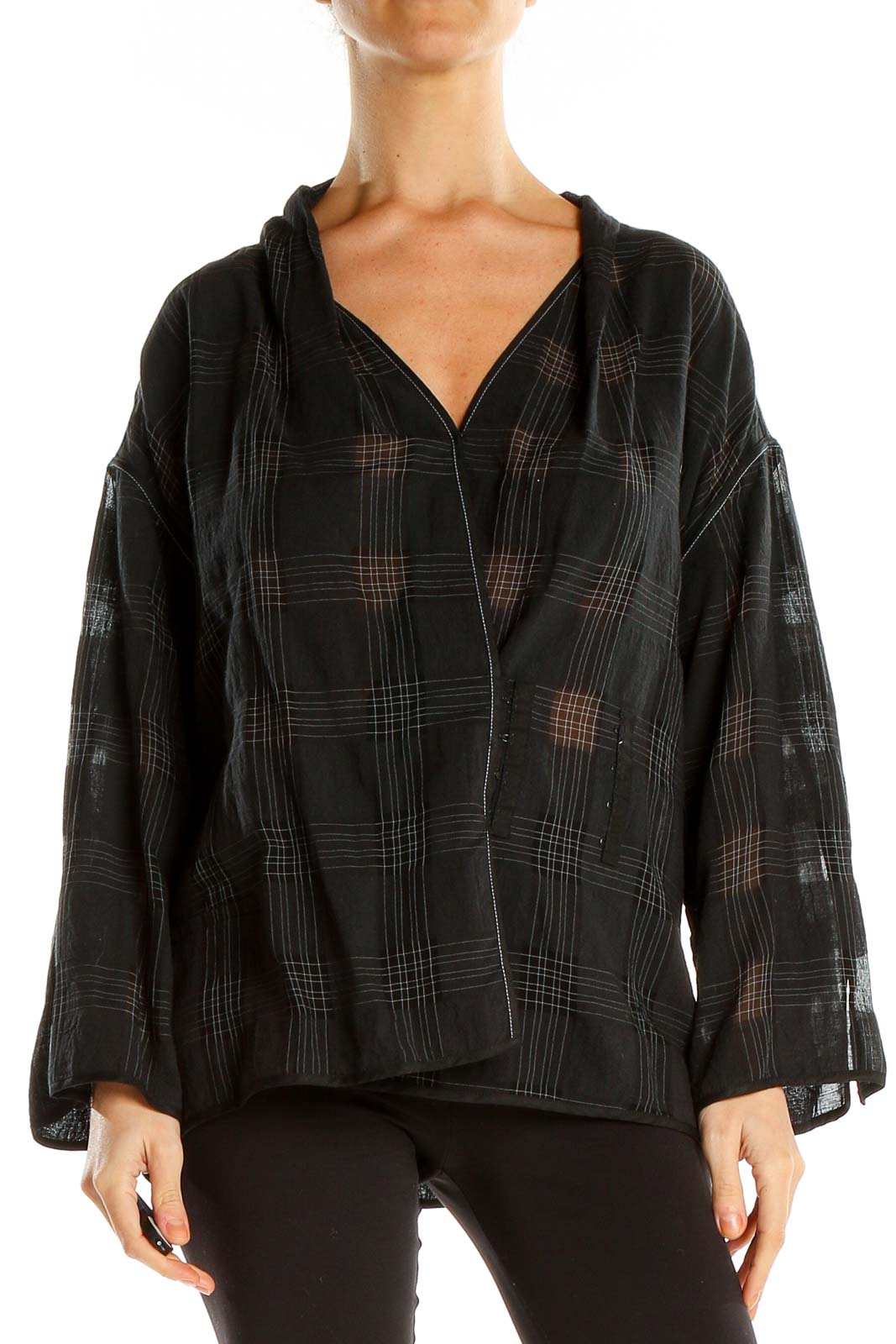 Black Checkered All Day Wear Top With Hook and Eye Detail Front