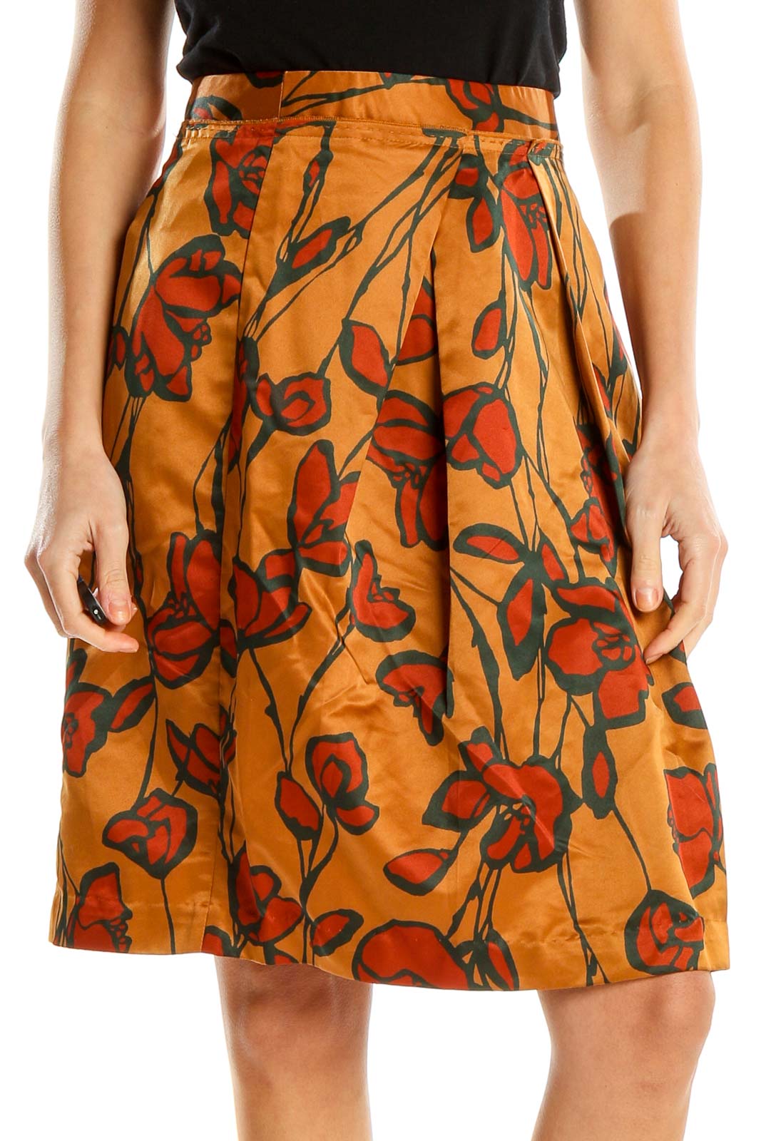 Orange Floral Print Holiday A-Line Skirt Front