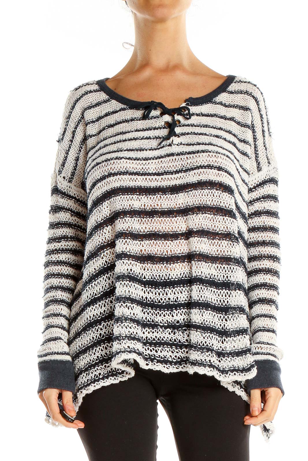 White Blue Striped Casual Sweater Top Front