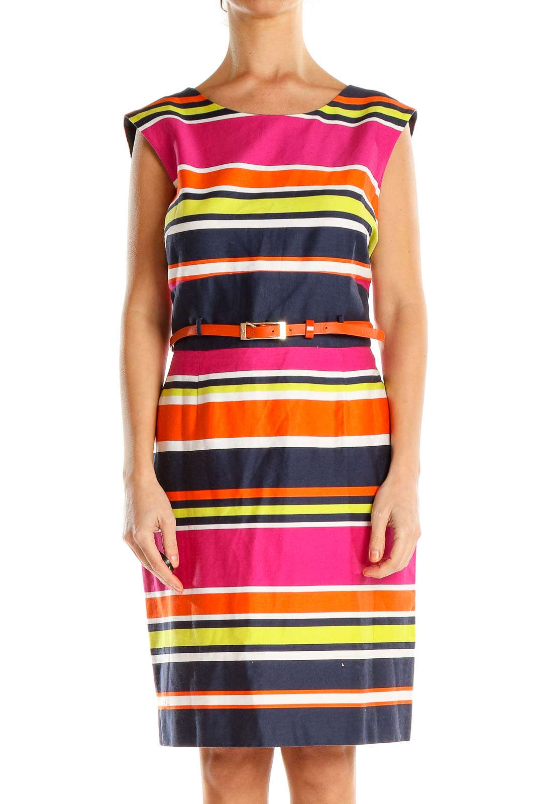 Multicolor Striped Belted Work Sheath Dress Front