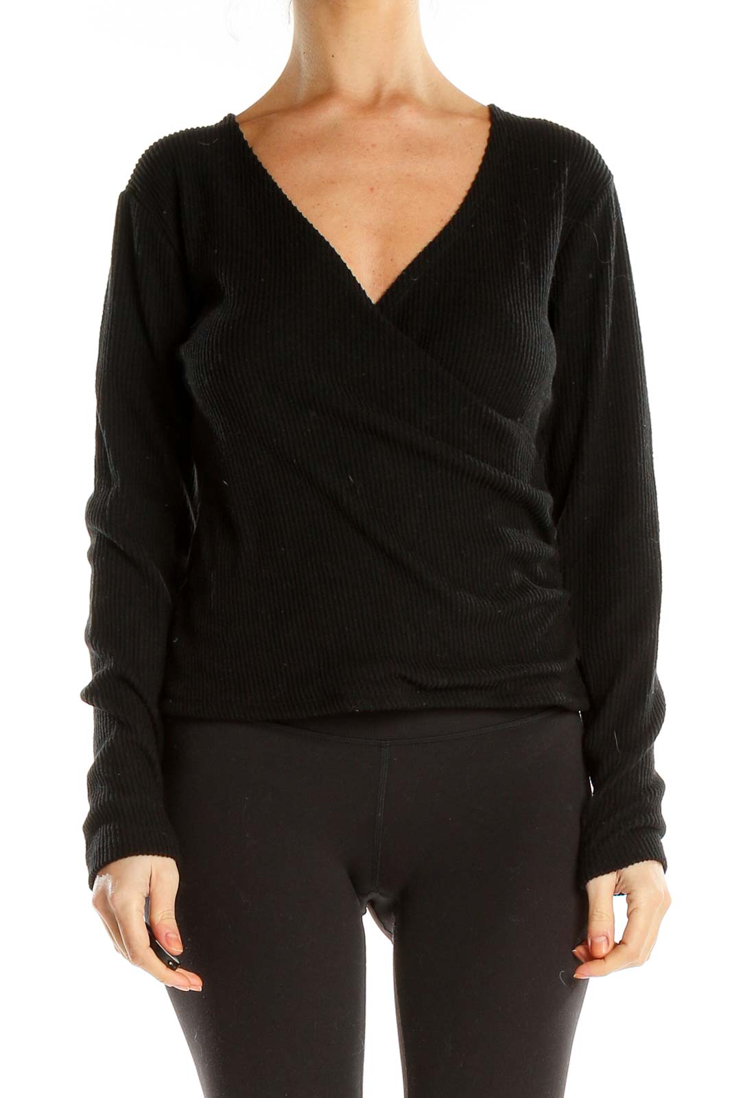 Black Wrap All Day Wear Knit Top Front