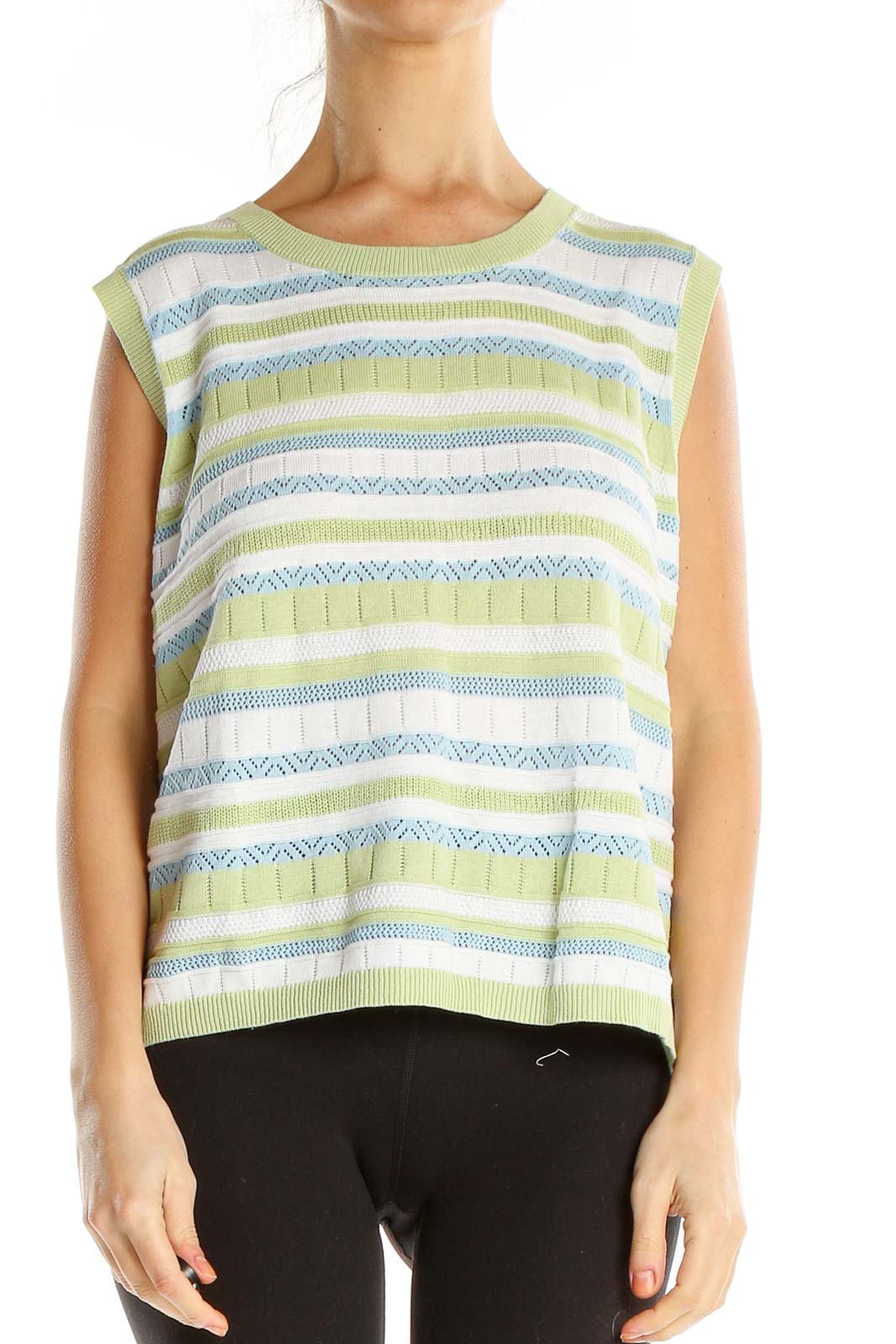 White Green Blue Casual Knit Top Front
