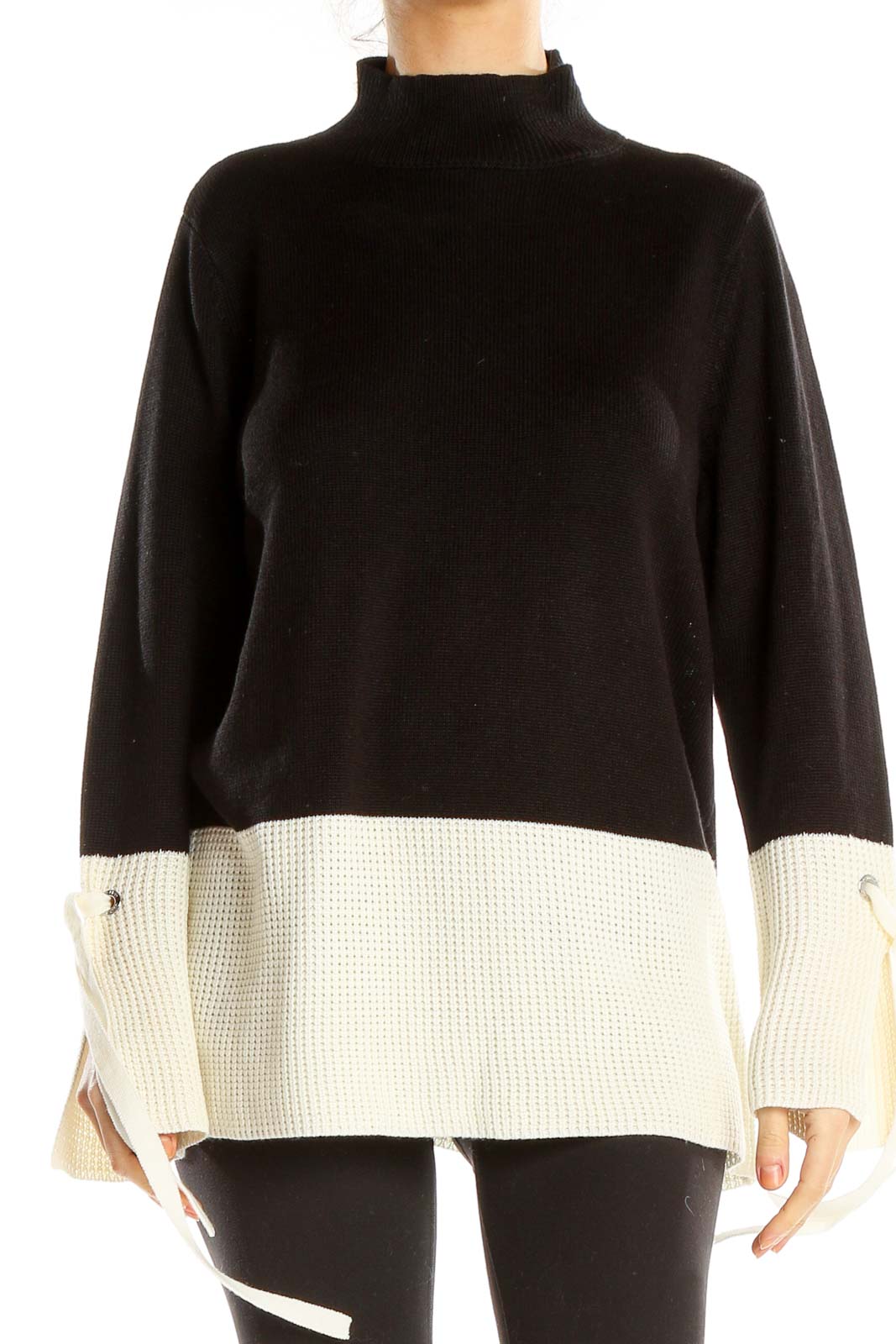Black White Chic Colorblock Sweater Top Front