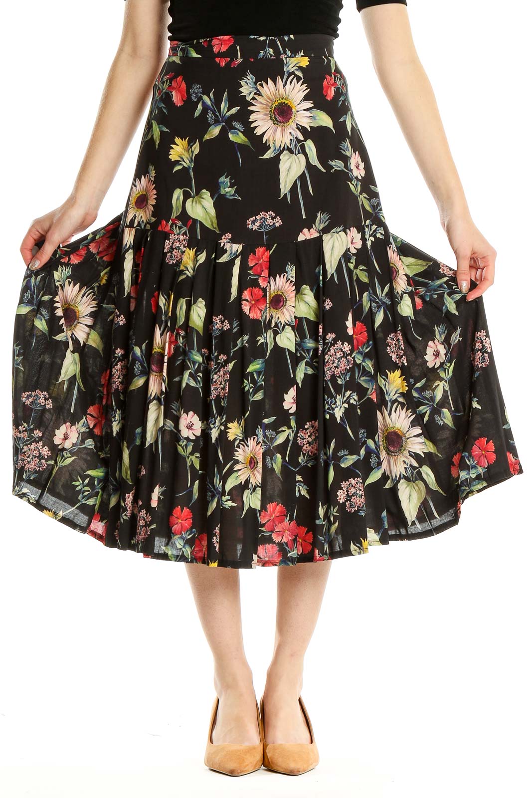 Black Floral Print Retro Flared Skirt Front