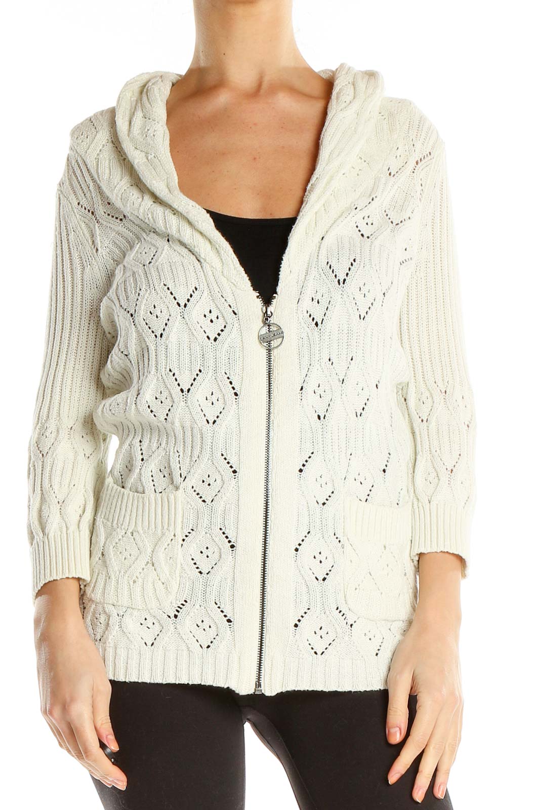 White Cable Knit Zip-Up Sweatshirt Front