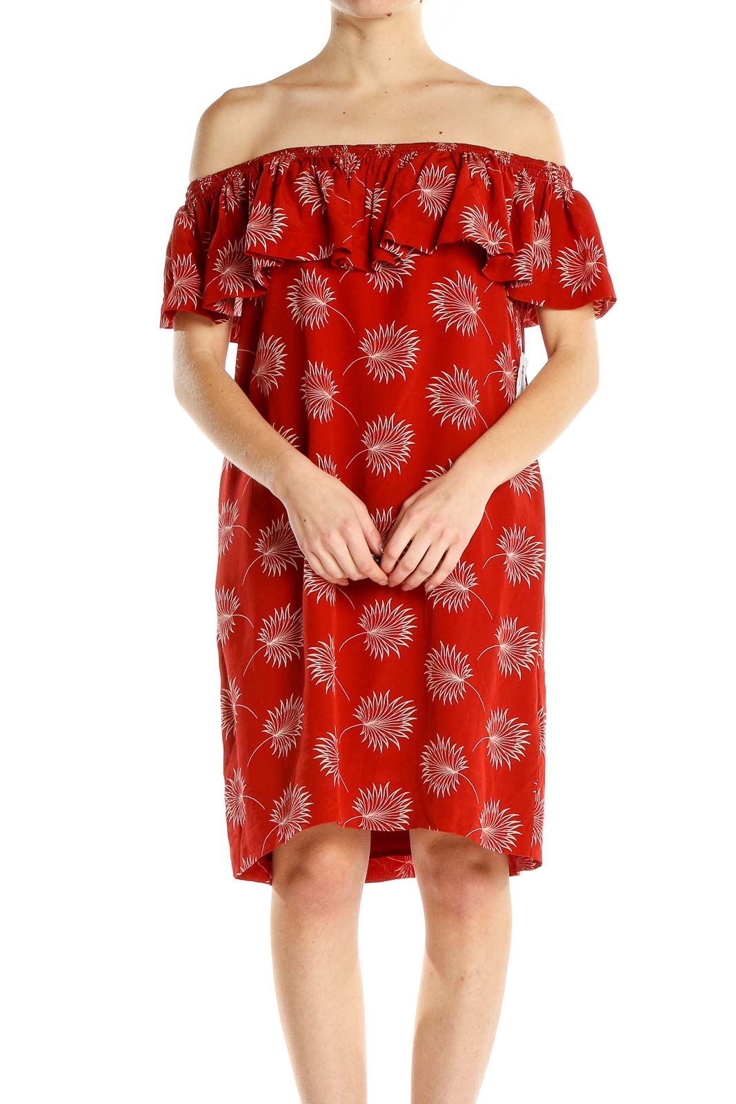 Red Floral Print Holiday Off The Shoulder Shift Dress Front