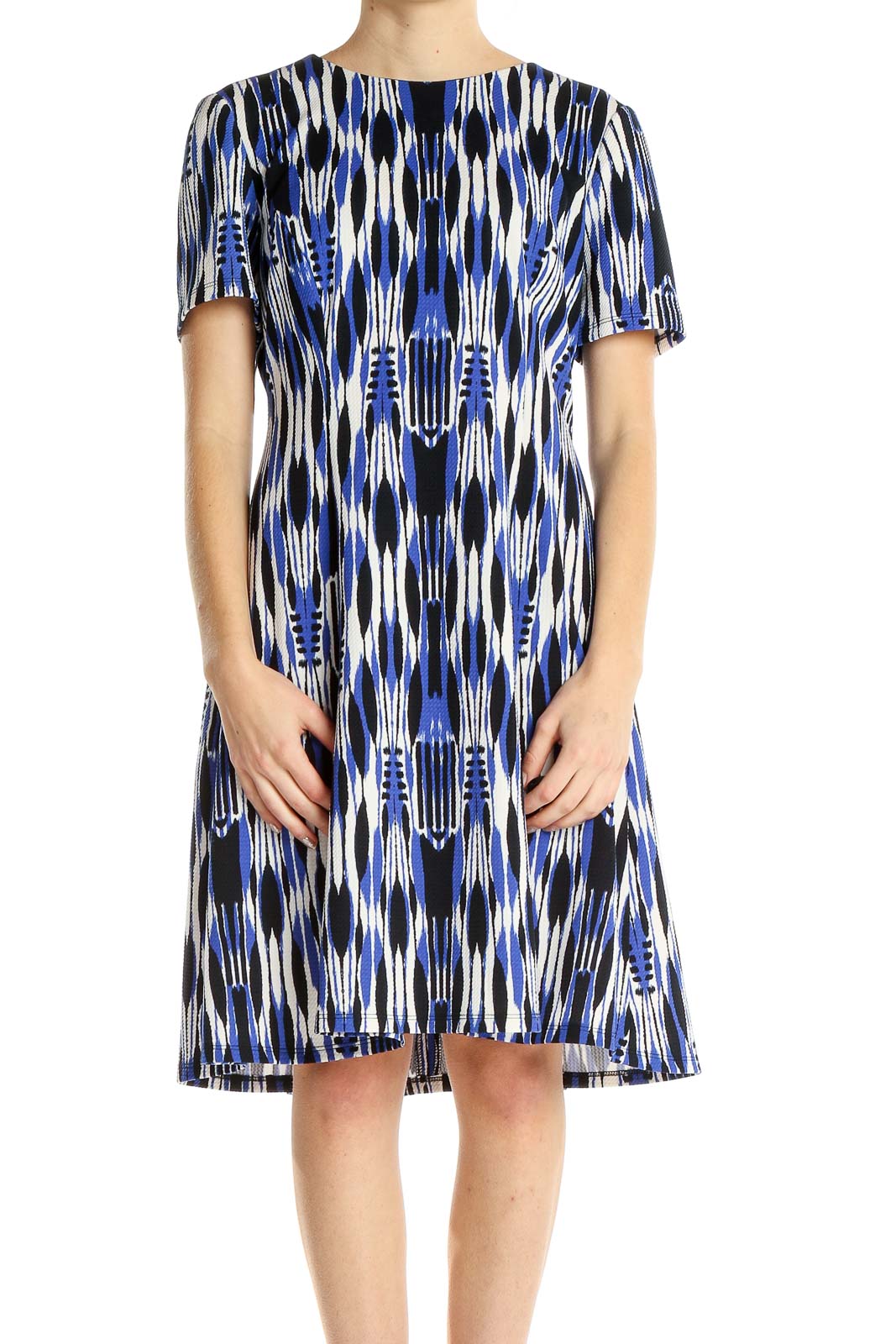 Blue White Printed Day A-Line Dress Front
