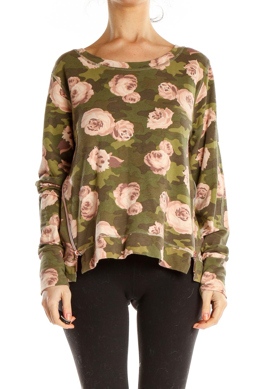 Green Camouflage Floral Print Brunch Top Front