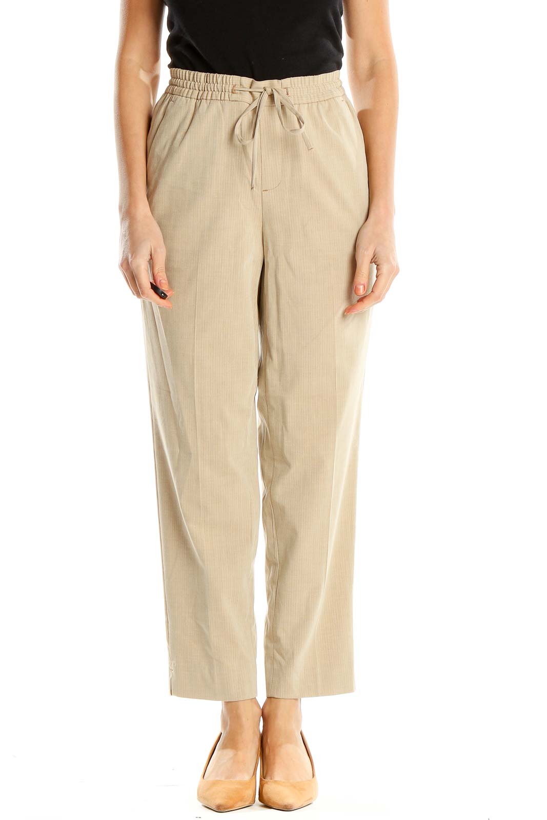 Beige Casual Drawstring Pants Front