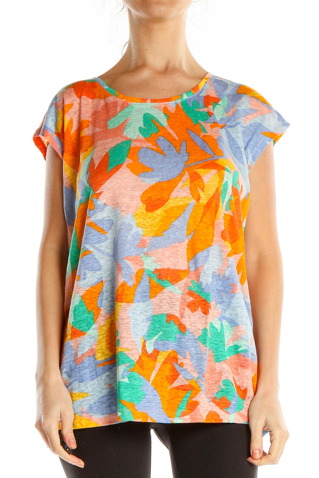 Orange Tropical Print Casual Top Front