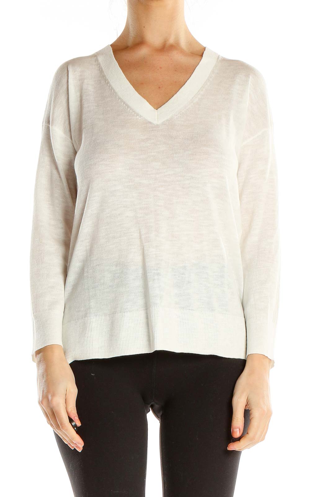 White Casual Knit Top Front