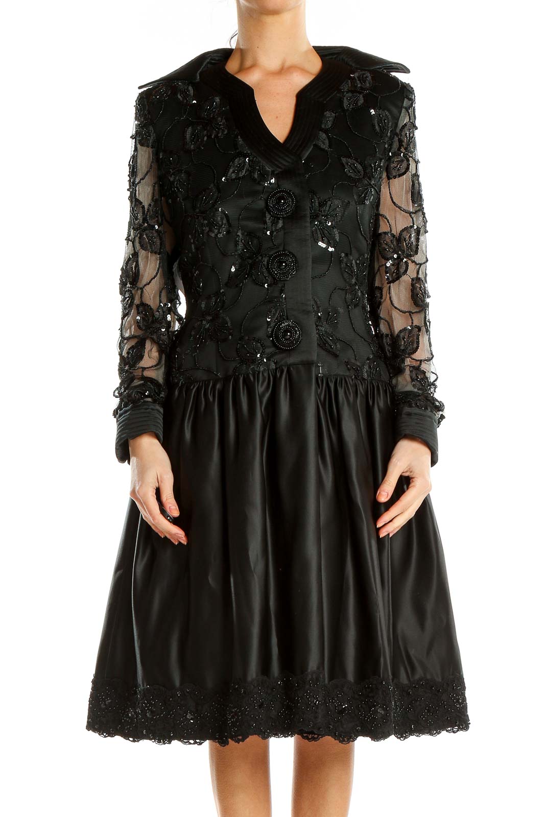 Black Sequin Vintage Fit & Flare Dress Front